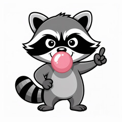 Fototapeta premium Cartoon raccoon blowing bubble gum isolated on white background cute animal character with sweet candy and playful expression