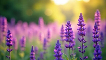 Obraz premium Vast purple salvia field, blurred summer bokeh , plantation, meadow