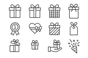 Gift and celebration line icon set for web and app design. Vector outline icons including present boxes, birthday party popper, first prize award ribbon, and heart. Editable stroke.