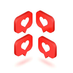 Four red isometric social media like notification icons with white heart symbol isolated on white background