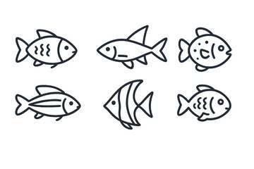 Fish icon set collection in a modern simple outline style. Linear vector symbols of aquatic animals. Pictograms for seafood restaurant menu, fishing logo or web design element.