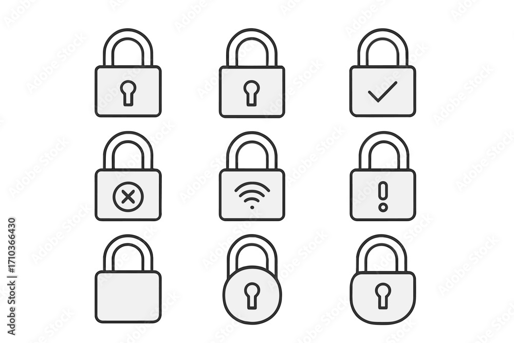 Poster padlock line icons set. security, safety, and data protection concept. symbols for password access, 