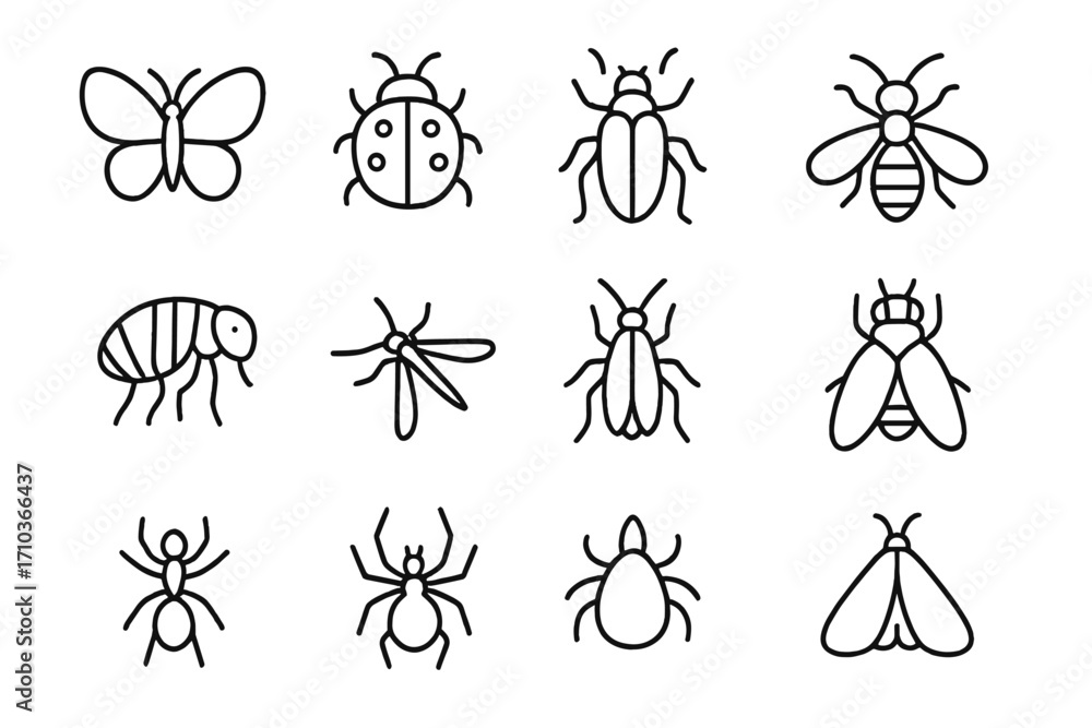 Poster insect and bug line icon collection. vector symbols of butterfly, ladybug, bee, ant, spider, fly, mo