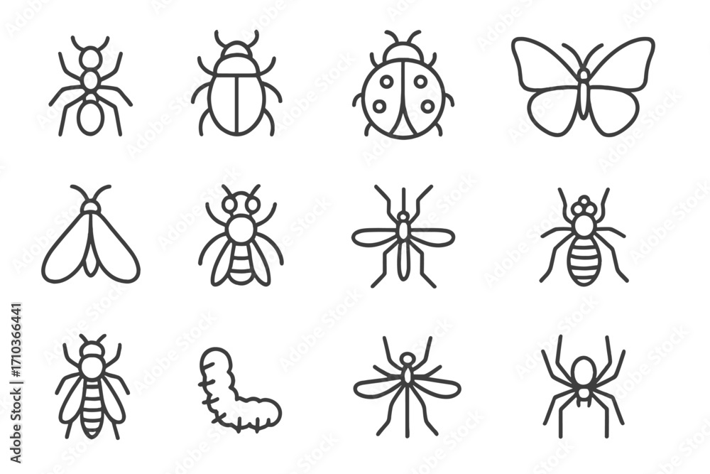 Poster insect icon collection. bug outline pictograms with editable stroke. simple line art vector set. ant
