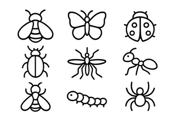 Minimalist insect outline icon collection. Simple bugs line art set including bee, butterfly, ladybug, ant, spider, beetle, and mosquito. Editable stroke vector for web design.