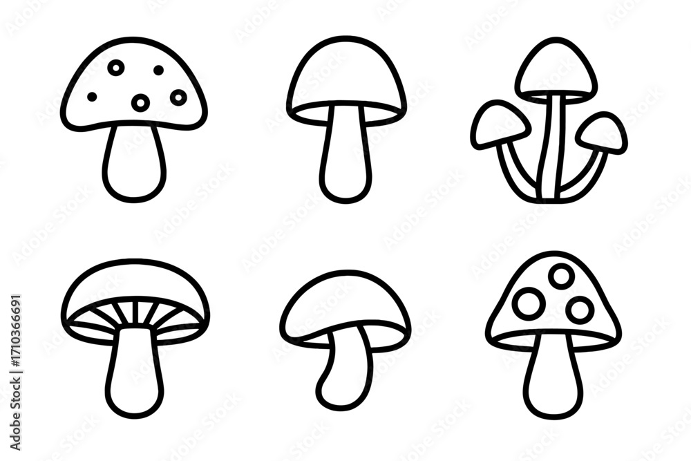 Poster modern outline style mushroom icons set, vector cartoon illustration for design, apps, social networ