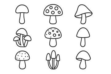 Mushroom related line icons set for web design, books, cards, apps, editable stroke vector cartoon illustrations collection, simple black outline style, nature fungi symbols