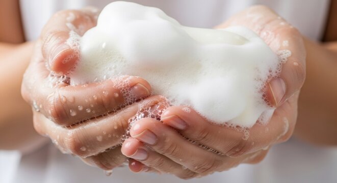 Woman washing hands with soap foam. Personal hygiene and cleanliness concept. Close-up view of female palms with white lather. Health care and germ protection