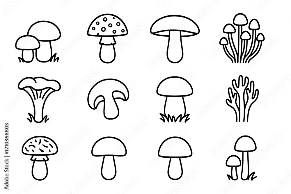 Poster simple line art mushroom icons collection. editable stroke vector set of cartoon fungi illustrations