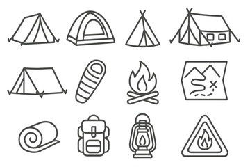 Pack of tent and camping related line icons, outline signs for graphic and web design, apps, adverts, various cards, outdoor adventure symbols, vector cartoon illustration with transparent background