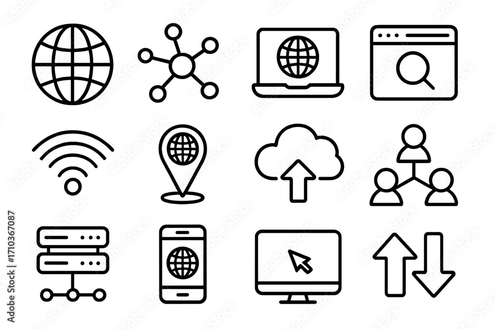 Poster set of net related line icons, outline web and network symbols, digital technology signs, internet a