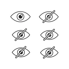 Collection of eye icons, some crossed out, representing visibility and privacy, isolated on white background