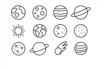 Set of thin line icons of planets and celestial bodies, editable stroke vector cartoon illustration for web, books, cards, apps, astronomy graphics, space elements