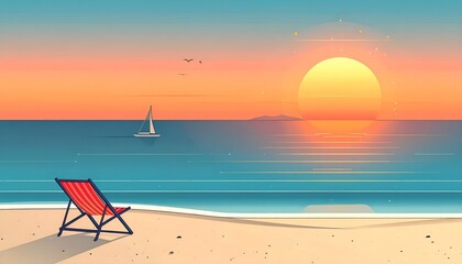 Sunset over the calm ocean with a sailboat on the horizon and a beach chair on the sand, perfect for vacation and relaxation