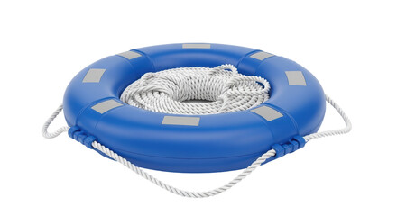 Isolated blue life preserver with rope for water safety on a boat, life saving equipment