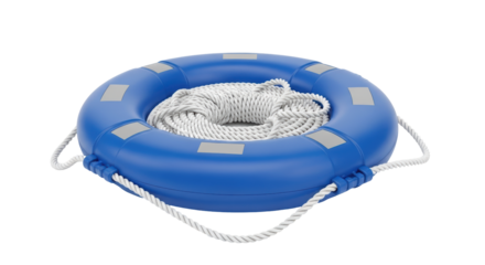 Isolated blue life preserver with rope for water safety on a boat, life saving equipment