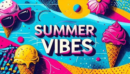 Colorful graphic design with sweet frozen desserts and dynamic patterns capturing the lively spirit of the sunny season