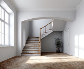 A light-filled interior showcasing a wooden staircase and hardwood flooring, with a serene and airy ambiance.