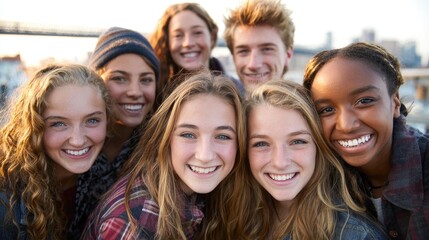 Obraz premium A group of smiling teenagers standing outdoors with a city skyline in the background.
