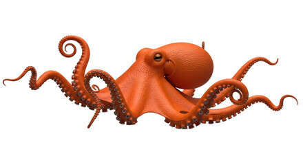 Isolated Render of Realistic Orange Octopus, Curled Tentacles Underwater Marine Creature