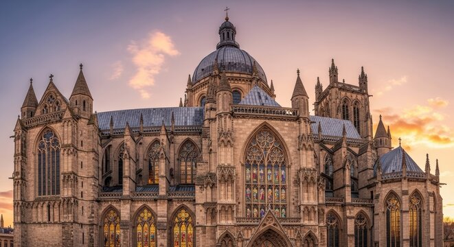 Exterior view of Gloucester Cathedral in England at sunset, showcasing its Gothic architecture and intricate details.