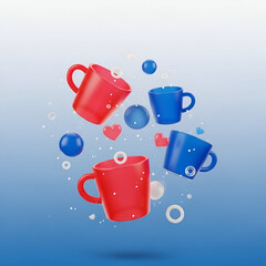 Four 3d rendered cups, two red and two blue, floating with hearts and spheres on a blue gradient background