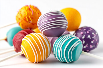 Fototapeta premium Colorful arrangement of decorative cake pops stacked artistically on a white surface