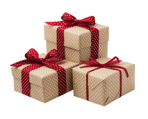 Fototapeta premium Three Polka Dot Gift Boxes with Red Ribbon presents isolated on a transparent background