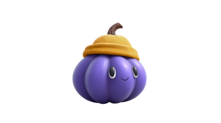 Cute Purple Pumpkin Wearing Yellow Beanie Isolated On Black Keywords: purple pumpkin, cute isolated on a transparent background