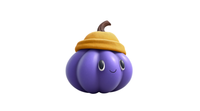 Cute Purple Pumpkin Wearing Yellow Beanie Isolated On Black Keywords: purple pumpkin, cute isolated on a transparent background