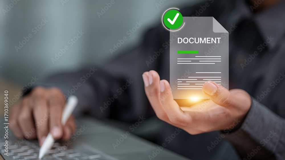 Poster digital document verification with check mark approved