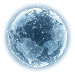 A glowing 3d digital globe with a network of interconnected lines and nodes representing global connection