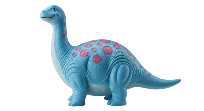 Isolated Apatosaurus Toy Figure with Pink Spots in Blue Color Standing Against Plain Backdrop