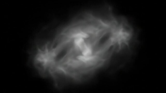 A radiant swirling cloud formation with bright white light at its core diffusing into smoky gray tendrils against a dark featureless backdrop