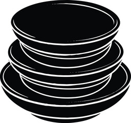 Clean stacked black and white plates and cups are isolated objects