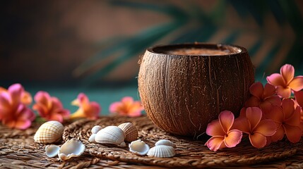 Warm Brown Coconut Drink with Orange Flowers and Shells on Rustic Mat