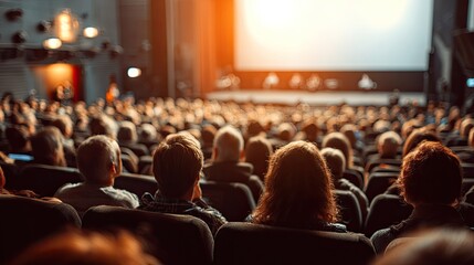 A large group of people sitting in a movie theater, watching a movie. The audience is diverse, with individuals of different ages and genders.