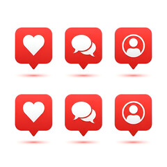 Set of social media notification icons including heart, chat bubble, and user profile, isolated on white background