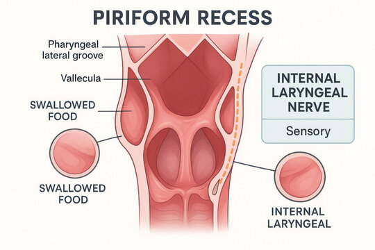 Anatomical illustration of the piriform recess and surrounding structures.