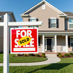 Fototapeta premium Charming house with For Sale sign prominently displayed, indicating it has been sold. well maintained lawn and inviting porch enhance its appeal