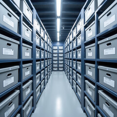 Organized storage room with rows of labeled boxes shelves, creating sense of order and efficiency. bright lighting enhances clean, modern