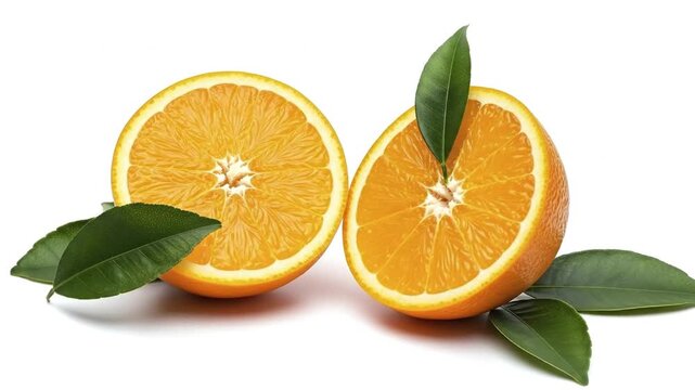 Two vibrant orange fruit halves sliced showing segments and pith with fresh green leaves on a clean white surface