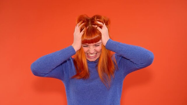 Emotional expressions of frustration and calmness in a vibrant orange setting illustrate the contrast between feelings and self-control