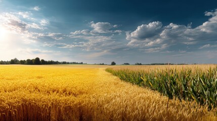 Fototapeta premium Vibrant Golden Wheat Fields Under Dramatic Blue Sky with Clouds