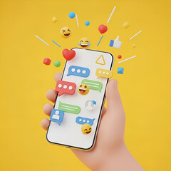Hand holding a smartphone with social media icons and chat bubbles floating around, yellow background