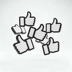 Multiple 3d thumbs up icons floating in a pile, isolated on white background