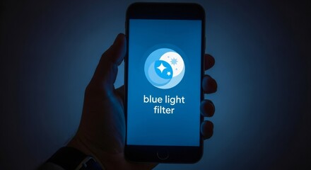 Blue light filter app on smartphone screen in dark room. Digital eye strain prevention. Night mode for better sleep. Mobile technology for health and wellness concept.