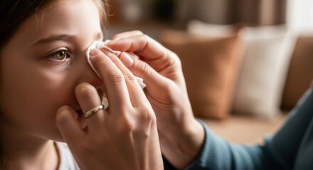 Woman applying makeup with cotton pad at home. Skincare routine and beauty concept. Close-up view of female face. Cosmetic product application for personal care.