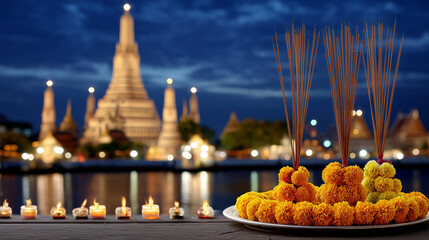 Obraz premium Wat Arun Bangkok Temple with Diyas, Incense and Marigold Garlands During Light Festival Night Spiritual Celebration Thailand