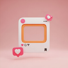 3d render of a social media post interface with heart icons and a pink background